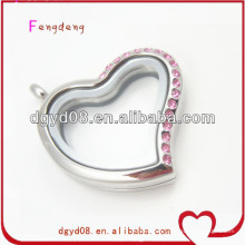 Heart glass magnetic floating locket pendant with pink stones